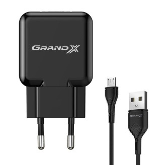 Сетевое зарядное устройство Grand-X (1xUSB 5В/2.1А) Black (CH-03UMB) + кабель microUSB