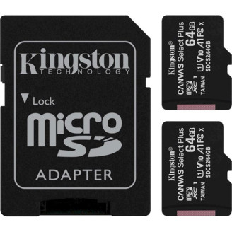 Карта памяти MicroSDXC  2x64GB UHS-I Class 10 Kingston Canvas Select Plus R100MB/s + SD-адаптер (SDCS2/64GB-2P1A)