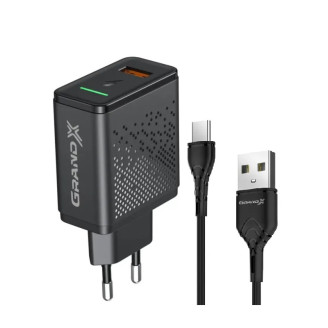 Сетевое зарядное устройство Grand-X Fast Charge 3-в-1 QC3.0, FCP, AFC, (1хUSB, 18W) + кабель USB-TypeC Black (CH-650T)