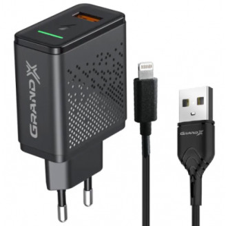 Сетевое зарядное устройство Grand-X Fast Charge 3-в-1 QC3.0, FCP, AFC, (1хUSB, 18W) + кабель USB-Lightning Black (CH-650L)