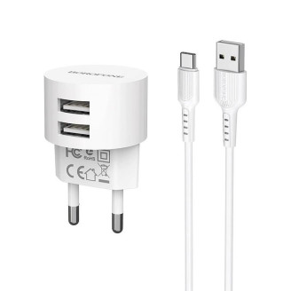 Сетевое зарядное устройство Borofone BA23A Brilliant (2USB, 2.4А) White (BA23ACW) + кабель Type-C