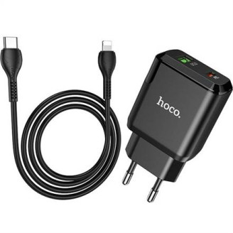 Сетевое зарядное устройство Hoco N5 (1USB 3A QC3.0 + 1 PD Type-C) Black (S25719) + кабель Lightning