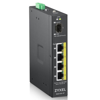 Промышленный коммутатор Zyxel RGS100-5P, 4xGE PoE+, 1xSFP, крепление на стену/DIN-рейку, IP30, два источника питания DC, бюджет PoE 120 Вт, PoE+