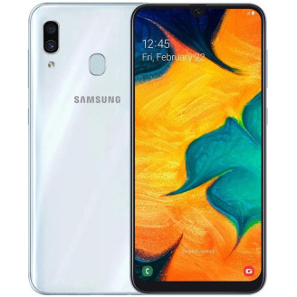 Смартфон Samsung Galaxy A30 SM-A305 Dual Sim White (SM-A305FZWUSEK); 6.4 (2340х1080) Super AMOLED / Exynos 7 Octa 7904 / ОЗУ 3 ГБ / 32 ГБ встроенной + microSD до 512 ГБ / камера 16+5 Мп + 16 Мп / 4G (LTE) / Bluetooth, Wi-Fi, NFC / GPS, GLONASS, Beid