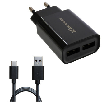 Сетевое зарядное устройство Grand-X (2xUSB 2.4А) Black (CH-45T) + кабель USB Type C