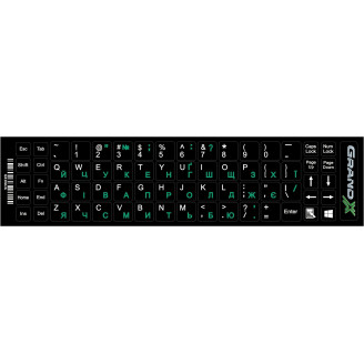 Наклейка на клавиатуру Grand-X 68 keys Green, Latin Ukr white (GXDGUA)