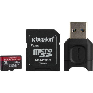 Карта памяти MicroSDXC 128GB UHS-II/U3 Class 10 Kingston Canvas React Plus R285/W165MB/s + SD-адаптер + USB-кардридер (MLPMR2/128GB)