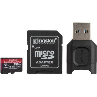 Карта памяти MicroSDXC 256GB UHS-II/U3 Class 10 Kingston Canvas React Plus R285/W165MB/s + SD-адаптер + USB-кардридер (MLPMR2/256GB)