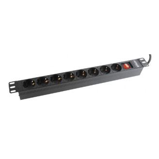 Блок розеток EnerGenie 19 1U (EG-PDU-012) c выкл., алюм. корп.,  8 розеток,  16A, 2м, черный, вилка Schuko