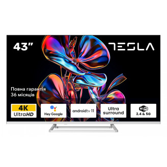 Телевизор Tesla 43E635SUS/ 43/ 4K UHD (3840x2160)/ 60 Гц/ со Smart TV/ 2 х 10 Вт/ wi-fi/ bluetooth/ поддержка hdr/ Android TV/ серебристый