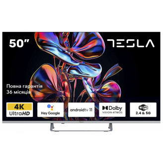 Телевизор Tesla 50E635SUS/ 50/ 4K UHD (3840x2160)/ 60 Гц/ со Smart TV/ 2 х 12 Вт/ wi-fi/ bluetooth/ поддержка hdr/ Android TV/ серебристый